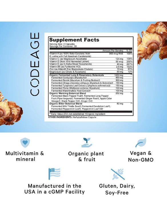 Lungs+Vitamins | Minerals| Mushroom| Herbals | Codeage at Root + Mei |90 Caps