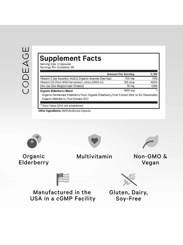 Codeage Elderberry Immune Complex | With Vitamin C, D3 and Zinc-bc  | Immunity + Health | 90 Capsules